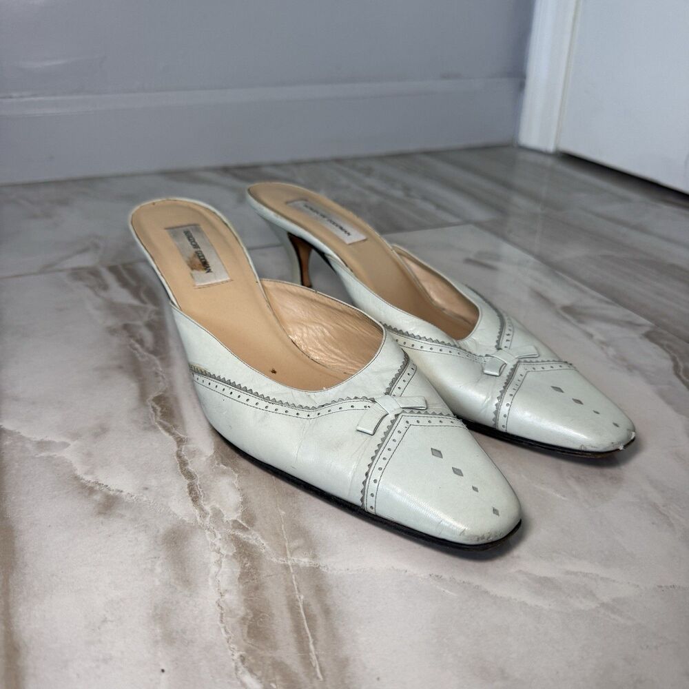 Women’s Vintage Bergdorf Goodman Leather Kitten Heel Mules Light Blue Sz 10.5